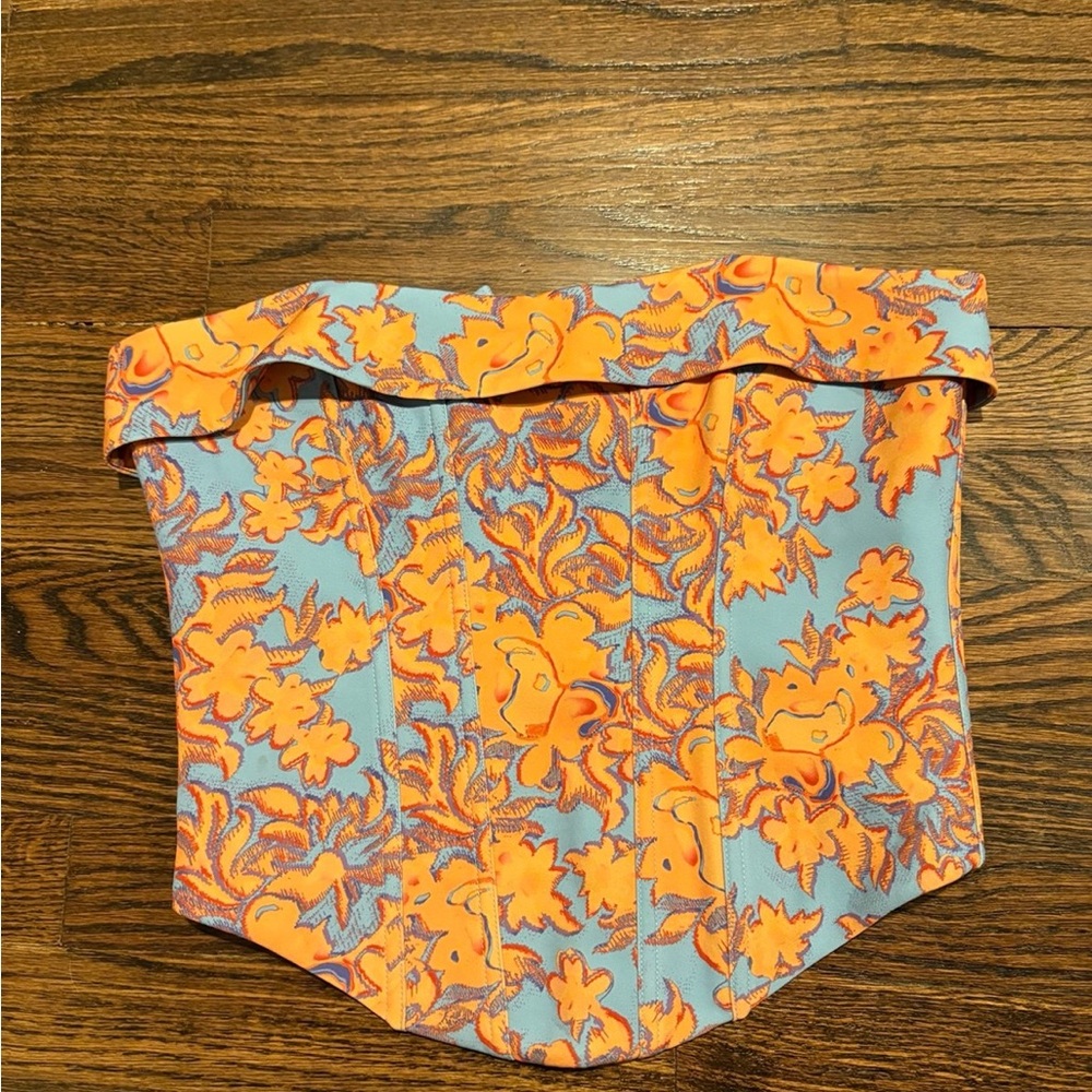 White Fox Floral Corset Top in Orange and Blue